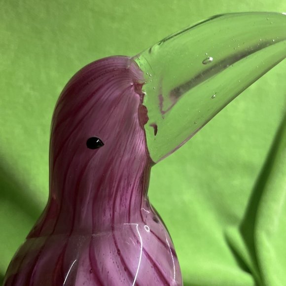 OLLIERV Diamond Star Art Glass Heavy Toucan Pink Green With Clear Beak 12” Tall - Picture 6 of 10